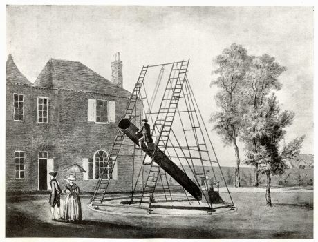 Ett av Herschels stora teleskop. Det var 6 m lngt och hade en spegel av metall.<br>(Stockholms universitetsbibliotek)
